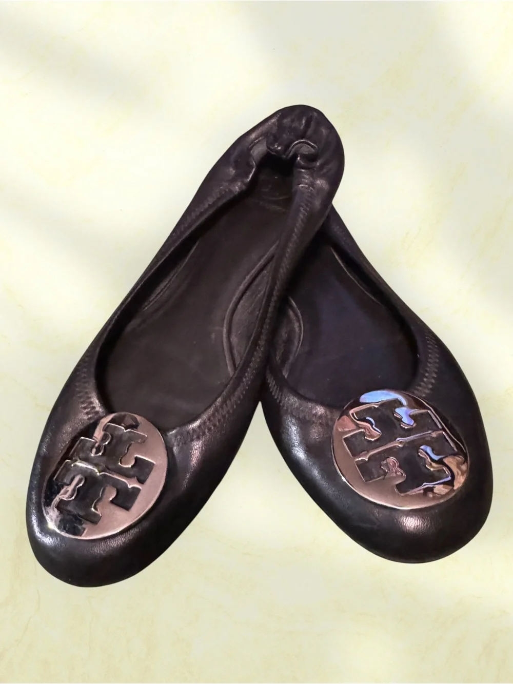 Tory Burch Black Leather Logo Round-Toe Ballet Flats